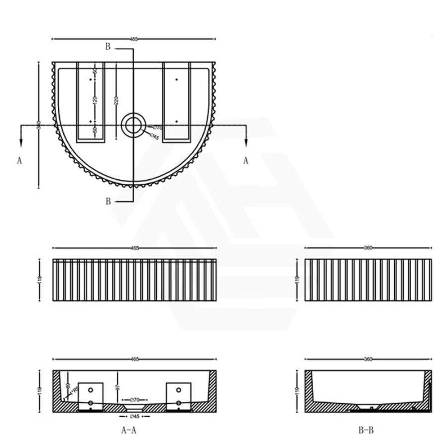 Carysil 465x360x119mm White Arch Above Counter Concrete Basin Fluted for Bathroom