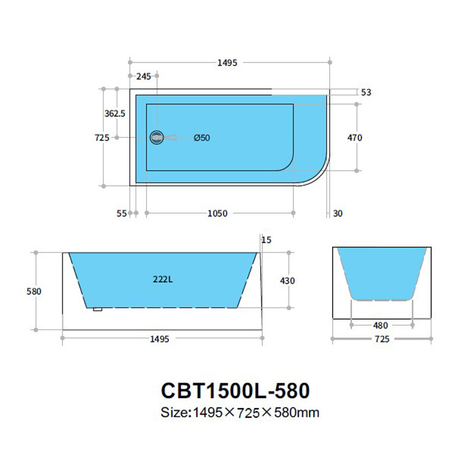 1495x725x580mm Left Corner Back to Wall Acrylic Bathtub Gloss White NO Overflow