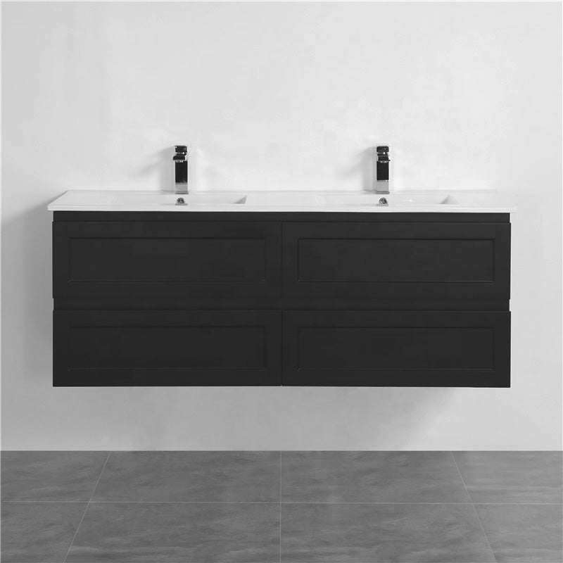 600-1500Mm Wall Hung Pvc Vanity With Matt Black Finish For Bathroom Cabinet Only&Ceramic/Poly Top