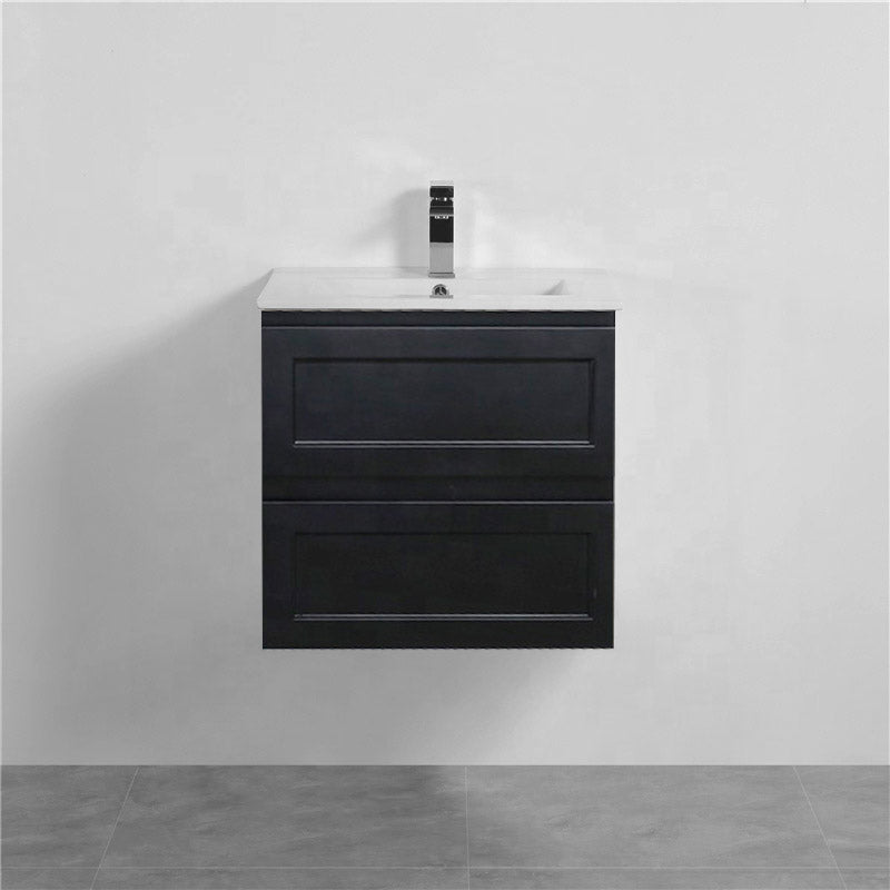 600-1500Mm Wall Hung Pvc Vanity With Matt Black Finish For Bathroom Cabinet Only&Ceramic/Poly Top