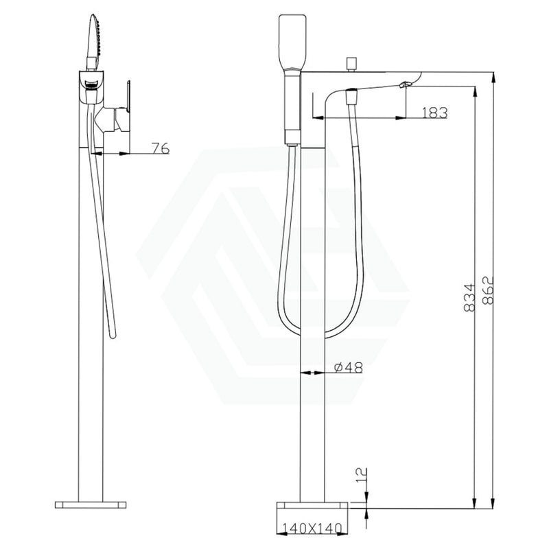 Chrome Floor Mounted Bath Mixer Spout & Handheld Brass Square Mixers