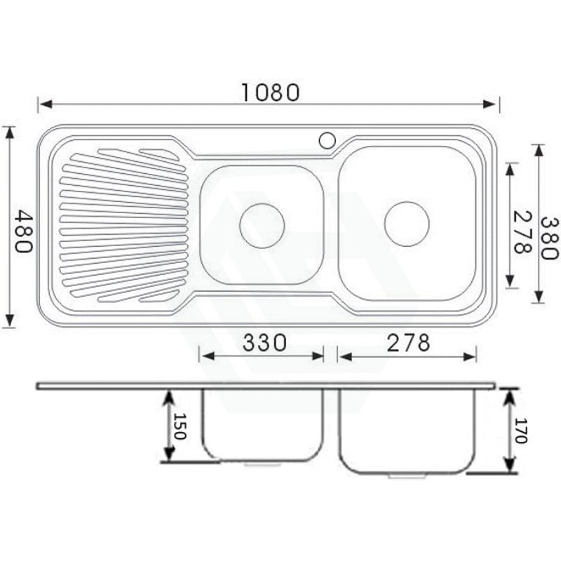 Cora 1080X480X170Mm 1&3/4 Bowl Stainless Steel Kitchen Sink Single Drainer Left Right Available