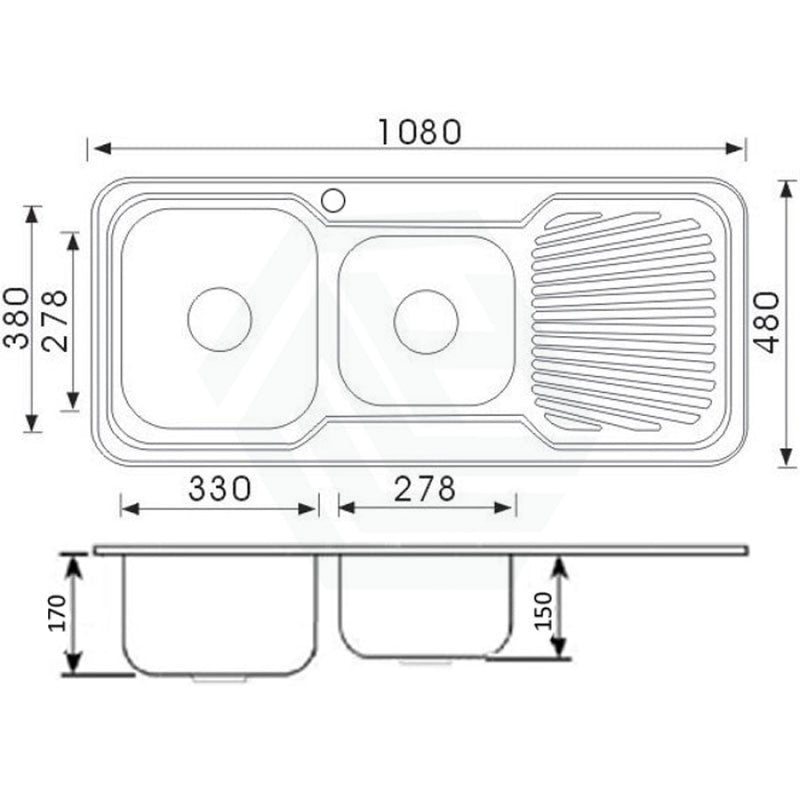 Cora 1080X480X170Mm 1&3/4 Bowl Stainless Steel Kitchen Sink Single Drainer Left Right Available