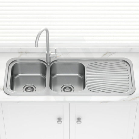 Stainless Steel Kitchen Sink Double Bowls Drainboard 1180mm