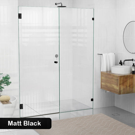 940-1425Mm Frameless Wall To Shower Screen Door Hung With Fix Panel In Matt Black Fittings 10Mm