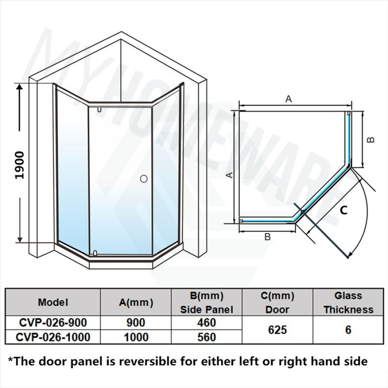 900/1000Mm Diamond Shape Shower Screen Pivot Door Chrome Semi-Frameless 6Mm Glass 1900Mm Height