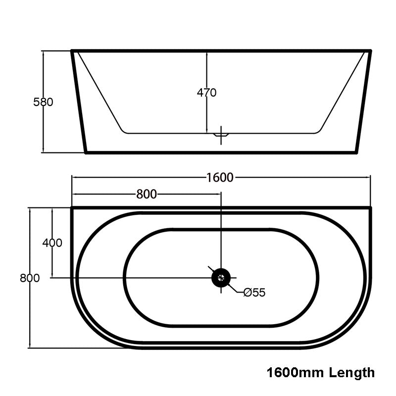 1400/1490/1600/1690Mm Hanabi Bathtub Back To Wall Gloss White No Overflow 1600Mm