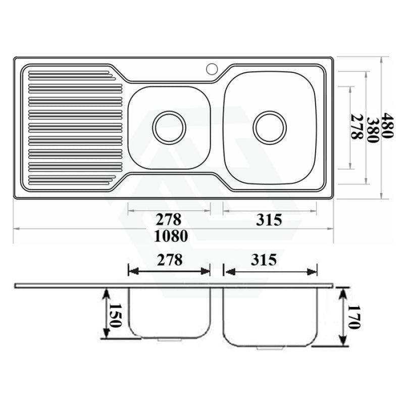 Eden 1080X480X170Mm 1&3/4 Stainless Steel Kitchen Sink Single Drainer Left Right Available