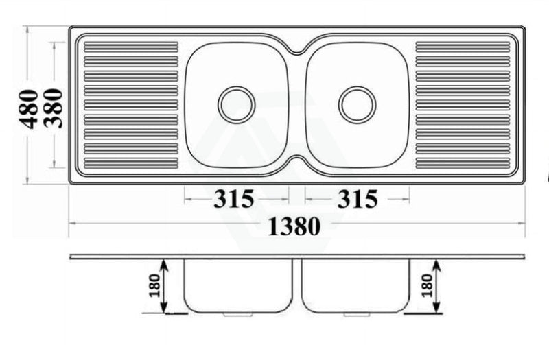 Eden 1380X480X180Mm Stainless Steel Kitchen Sink Double Bowls Drainer