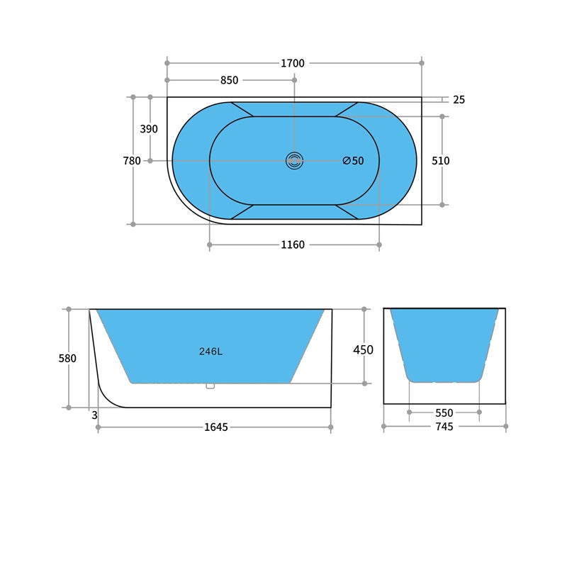 1700mm Elivia Bathtub Right Corner Acrylic Gloss White NO Overflow