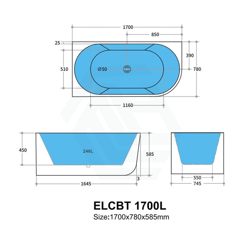 1700Mm Elivia Left Corner Back Bathtub Acrylic Gloss White No Overflow Bathtubs