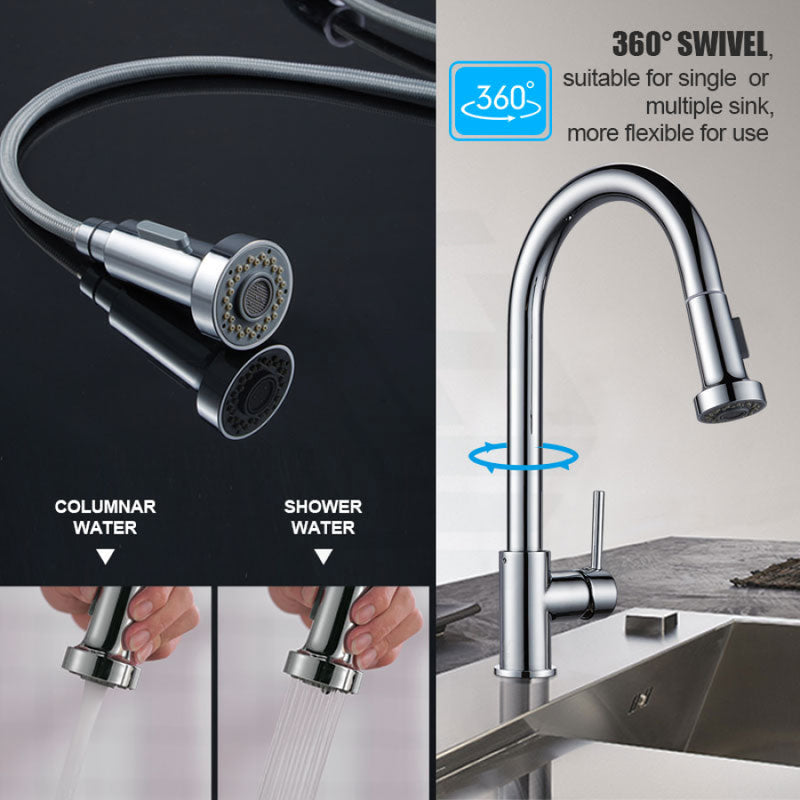 Euro Chrome Solid Brass Round Mixer Tap With 360 Swivel And Wide Pull Out Multi Spray Option For