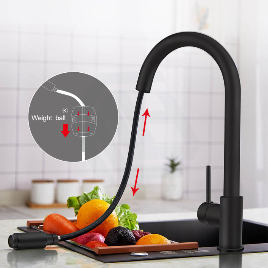 Euro Round Matt Black 360-Degree Swivel Pull Out Kitchen Sink Mixer Tap Solid Brass Tapware