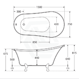 Fienza 1500/1700mm Clawfoot Gloss white Freestanding Bathtub Acrylic With Overflow, Chrome Feet