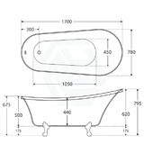 Fienza 1500/1700mm Clawfoot Gloss white Freestanding Bathtub Acrylic With Overflow, Chrome Feet