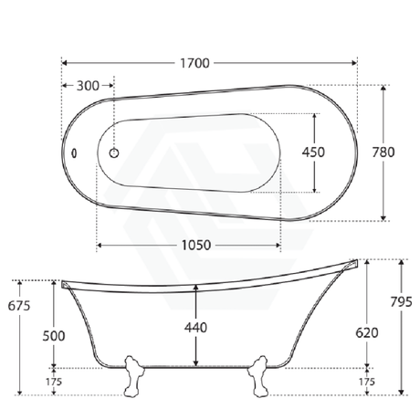 Fienza 1500/1700mm Clawfoot Gloss white Freestanding Bathtub Acrylic With Overflow, Chrome Feet