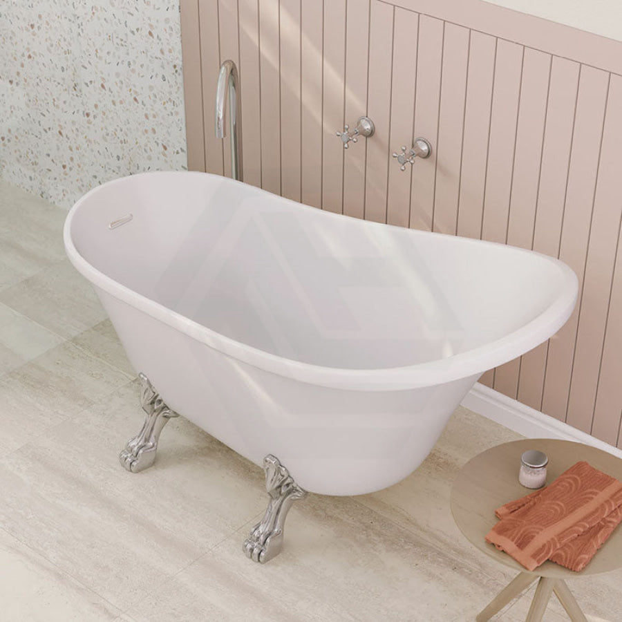 Fienza 1500/1700mm Clawfoot Gloss white Freestanding Bathtub Acrylic With Overflow, Chrome Feet