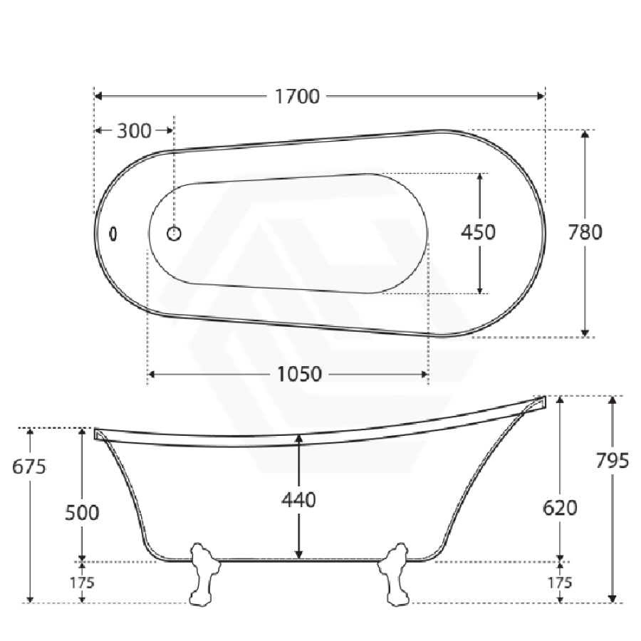 Fienza 1500/1700mm Clawfoot Gloss white Freestanding Bathtub Acrylic With Overflow, Matt Black Feet