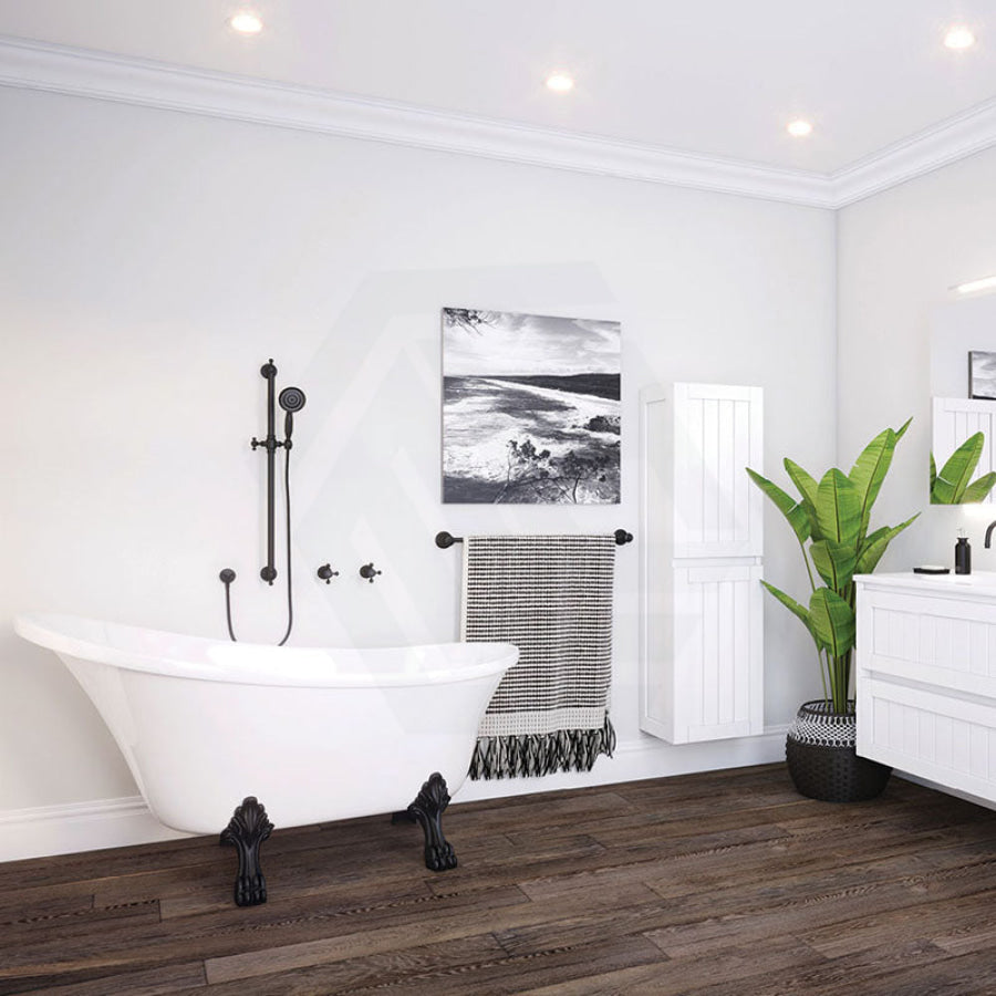 Fienza 1500/1700mm Clawfoot Gloss white Freestanding Bathtub Acrylic With Overflow, Matt Black Feet