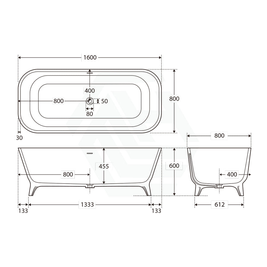 Fienza 1600Mm Hampton Cast Stone Solid Surface Freestanding Bathtub With Legs Matt White Rectangle