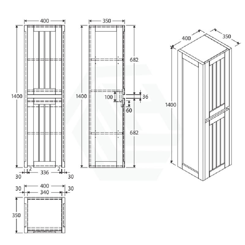 Fienza 400x350x1400mm Hampton Wall Hung Bathroom Vanity Tall Boy Satin White MDF Board