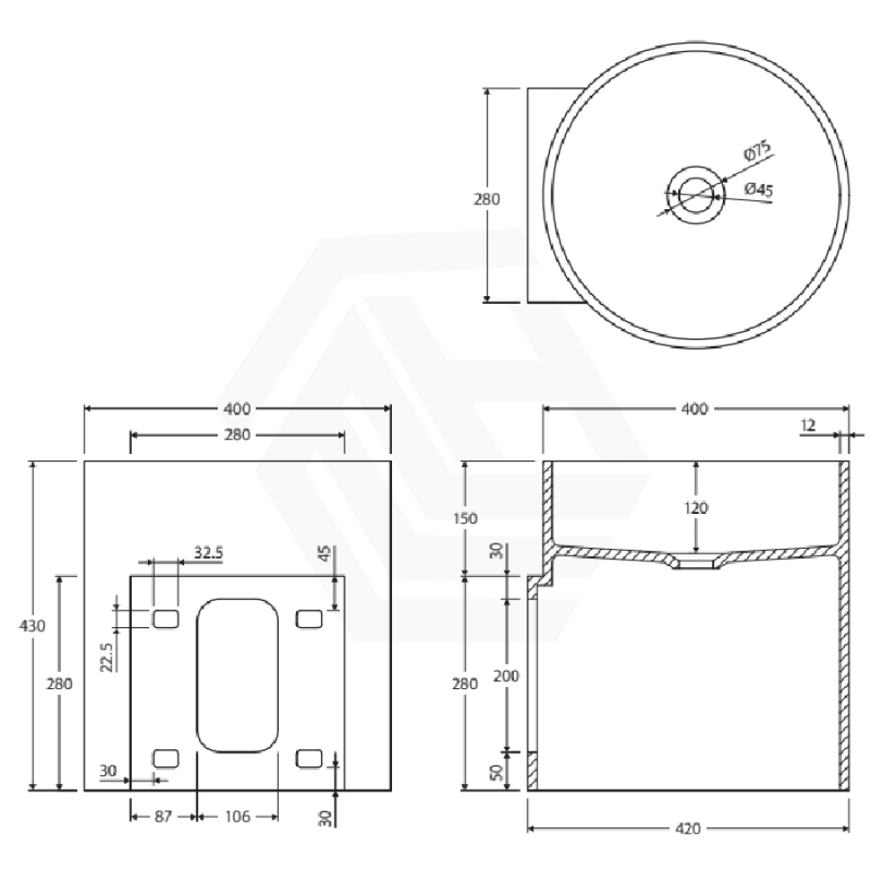 Fienza 430x400x400mm Livo Matt White Cast Stone Wall Hung Basin