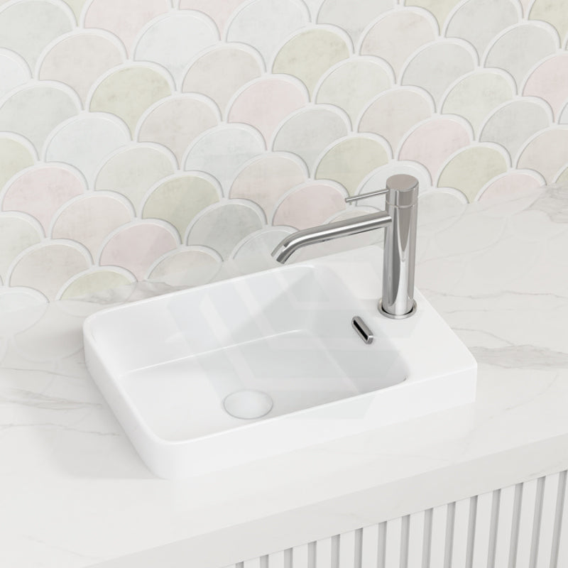 Fienza 433X303X55Mm Petra Mini Inset Ceramic Basin Gloss White Rectangle Overflow Hole Basins