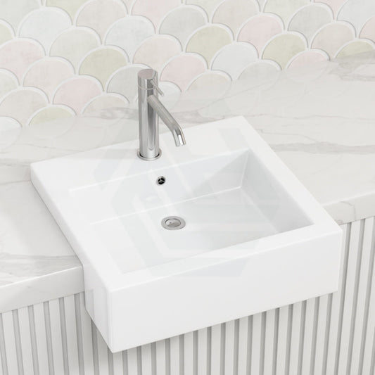 Fienza 480X460X150Mm Jacinta Square Gloss White Semi Recessed Ceramic Basin 1 Or 3 Tap Holes