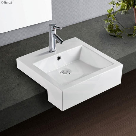 Fienza 480x460x150mm Jacinta Square Gloss White Semi Recessed Ceramic Basin 1 or 3 Tap Holes