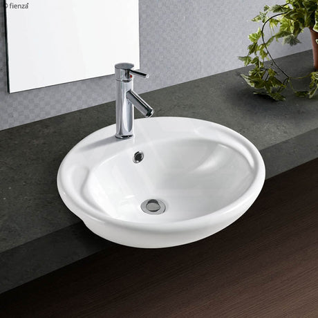 Fienza 515x430x175mm Micki Oval Gloss White Semi Recessed Ceramic Basin One Tap Hole