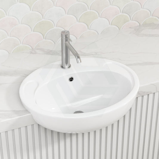 Fienza 515X430X175Mm Micki Oval Gloss White Semi Recessed Ceramic Basin One Tap Hole Semi-Recessed