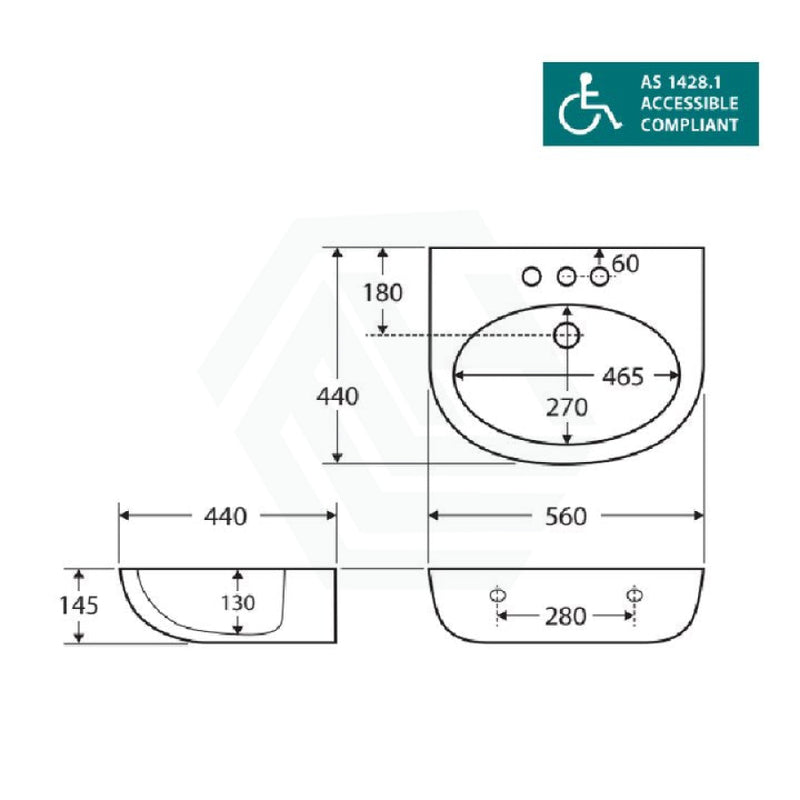 Fienza 560X440X145Mm Stella Care Wall Hung Gloss White Ceramic Basin 1 Or 3 Tap Holes Special Needs