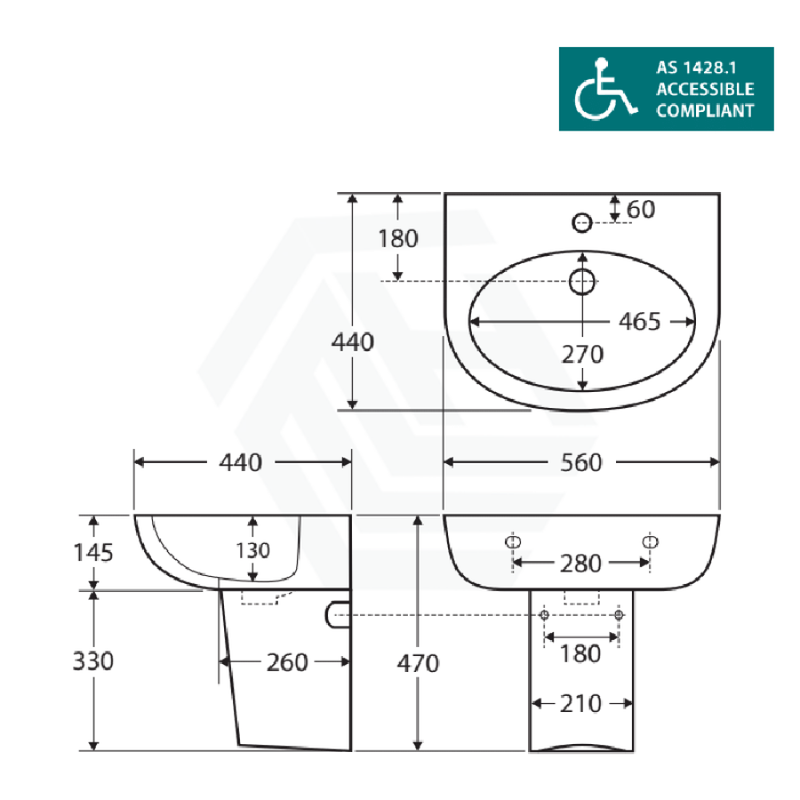 Fienza 560x440x145mm Stella Care Wall Hung Gloss White Ceramic Basin With Integral Shroud 1 or 3 Tap Holes