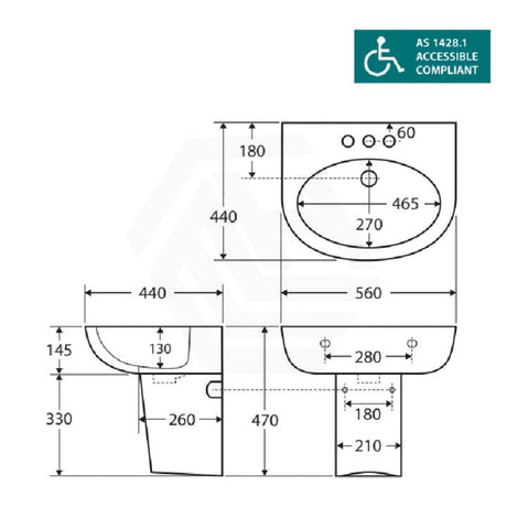 Fienza 560X440X145Mm Stella Care Wall Hung Gloss White Ceramic Basin With Integral Shroud 1 Or 3 Tap