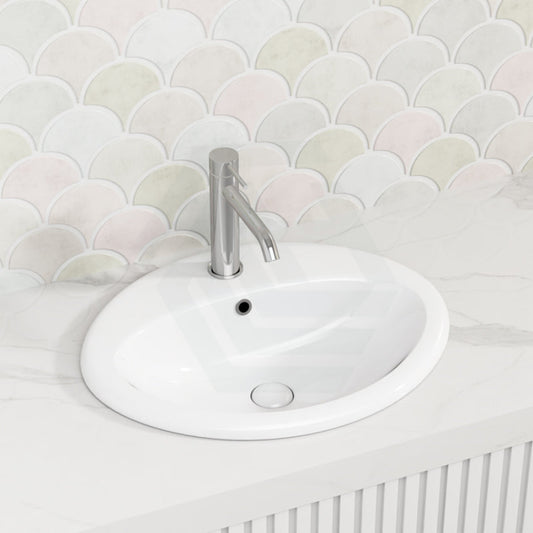 Fienza 565X480X218Mm Lacy Gloss White Fully-Inset Ceramic Basin Oval Overflow Hole Inset Basins