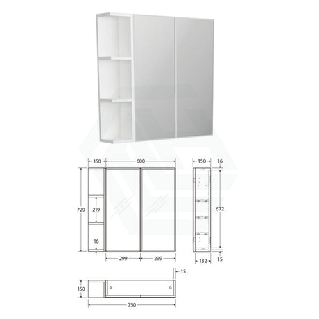 600/750/900/1200Mm Bevel Edge Gloss White Mdf Board Mirror Shaving Cabinet 1 Side Shelf