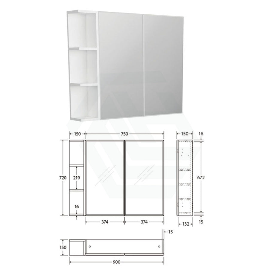 600/750/900/1200Mm Bevel Edge Gloss White Mdf Board Mirror Shaving Cabinet 1 Side Shelf