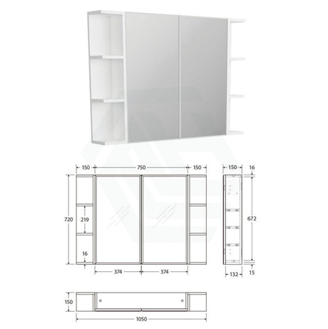 600/750/900/1200Mm Bevel Edge Gloss White Mdf Board Mirror Shaving Cabinet 2 Side Shelves