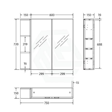 600/750/900/1200mm Pencil Edge Gloss White MDF board Mirror Shaving Cabinet 1 Side Shelf