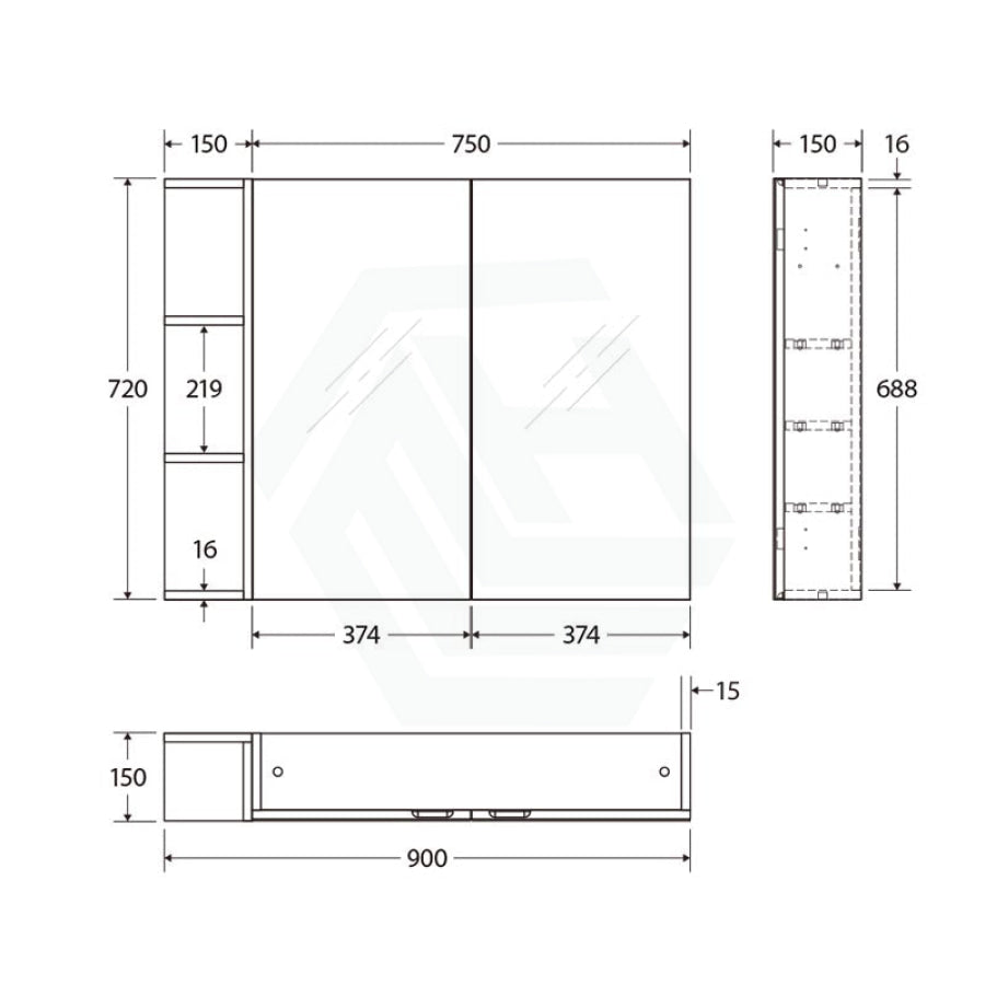 600/750/900/1200mm Pencil Edge Gloss White MDF board Mirror Shaving Cabinet 1 Side Shelf