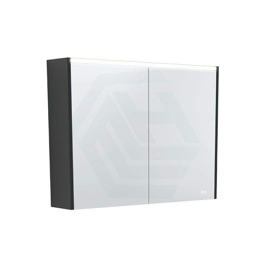 Fienza 750/900/1200Mm Led Pencil Edge Mirror Cabinet With Satin Black Side Panels Shaving Cabinets