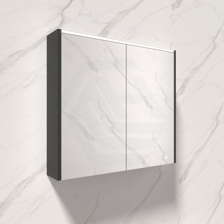 Fienza 750/900/1200Mm Led Pencil Edge Mirror Cabinet With Satin Black Side Panels Shaving Cabinets