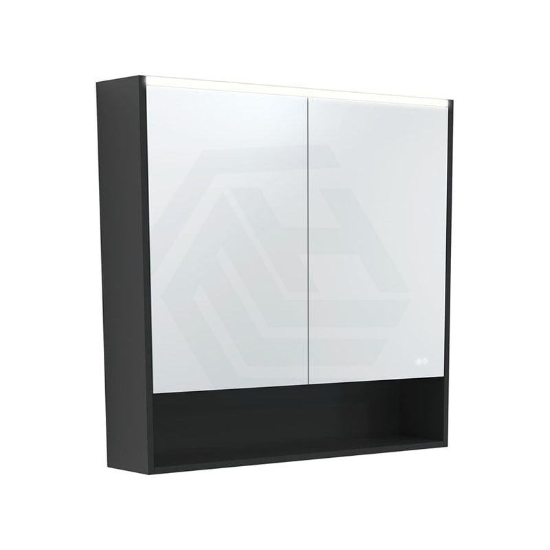 Fienza 750/900/1200Mm Led Pencil Edge Satin Black Mirror Cabinet With Display Shelf Shaving Cabinets