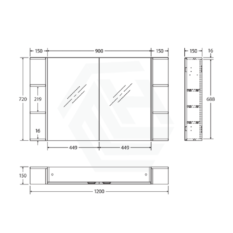 600/750/900/1200mm Pencil Edge Gloss White MDF board Mirror Shaving Cabinet 2 Side Shelves