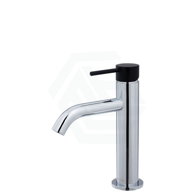 Fienza Kaya Chrome Basin Mixer Curved Outlet Chrome/Black Handle Matt Black Short Mixers