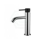 Fienza Kaya Chrome Basin Mixer Curved Outlet Chrome/Black Handle Short Mixers