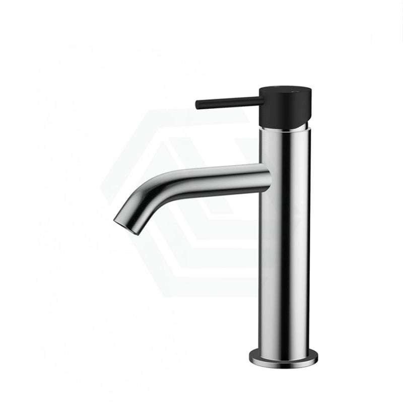 Fienza Kaya Chrome Basin Mixer Curved Outlet Chrome/Black Handle Short Mixers