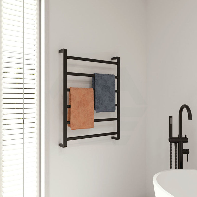 Fienza Koko Heated Towel Rail 600Mm 4/6/9 Square Bars Matt Black Rails