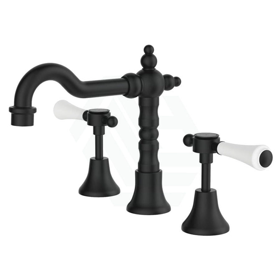 Fienza Lillian Lever Basin Set Matt Black With Ceramic White Handle Bath/Basin Tap Sets