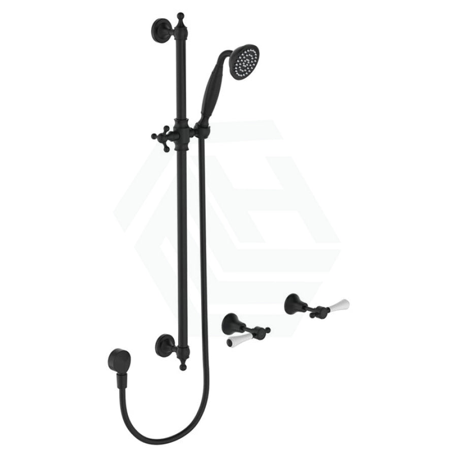 Fienza Lillian Lever Rail Shower Set Matt Black/Ceramic White Handle Ceramic Sets